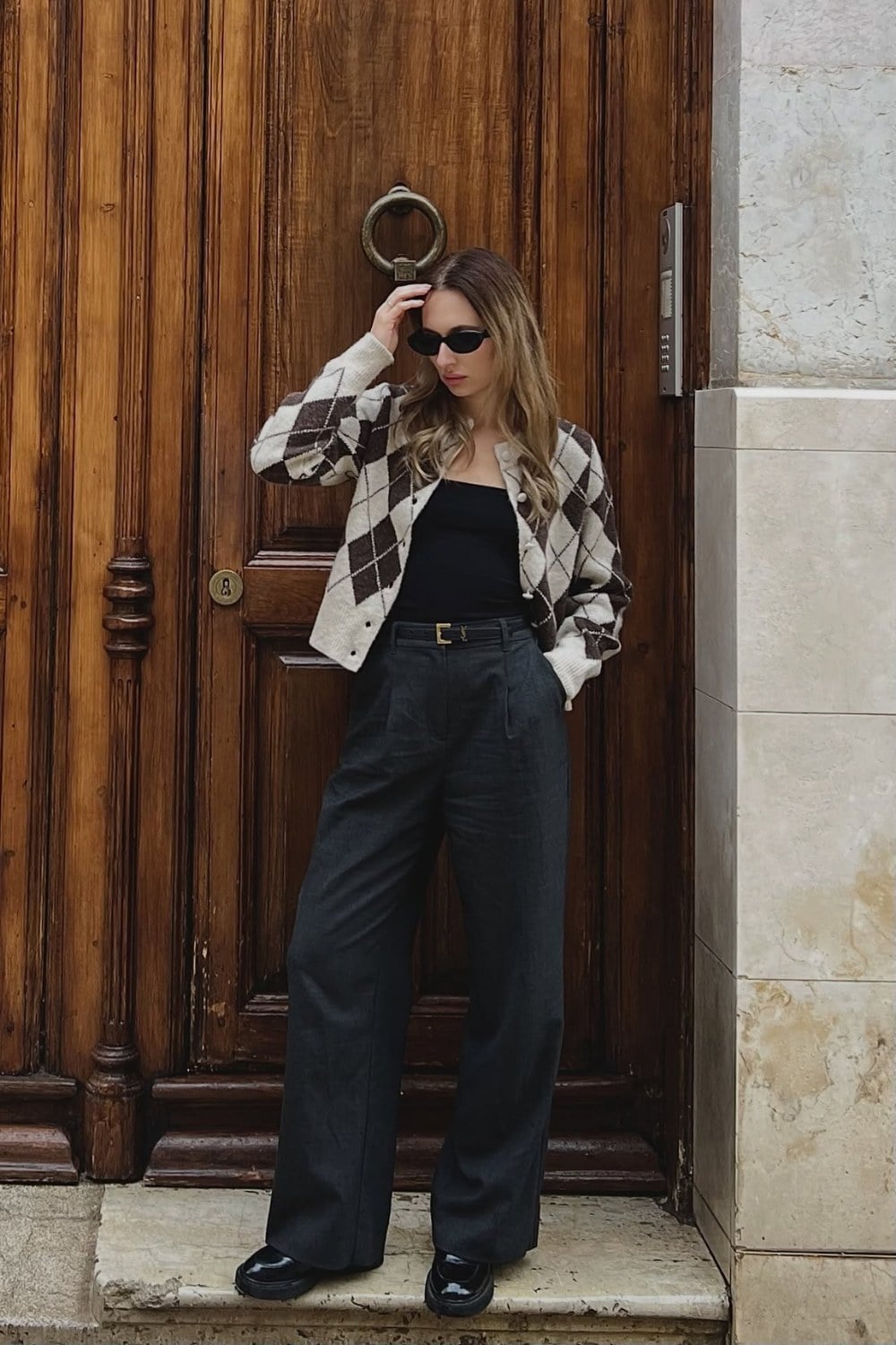 Argyle Cardigan and Wide-Leg Trousers