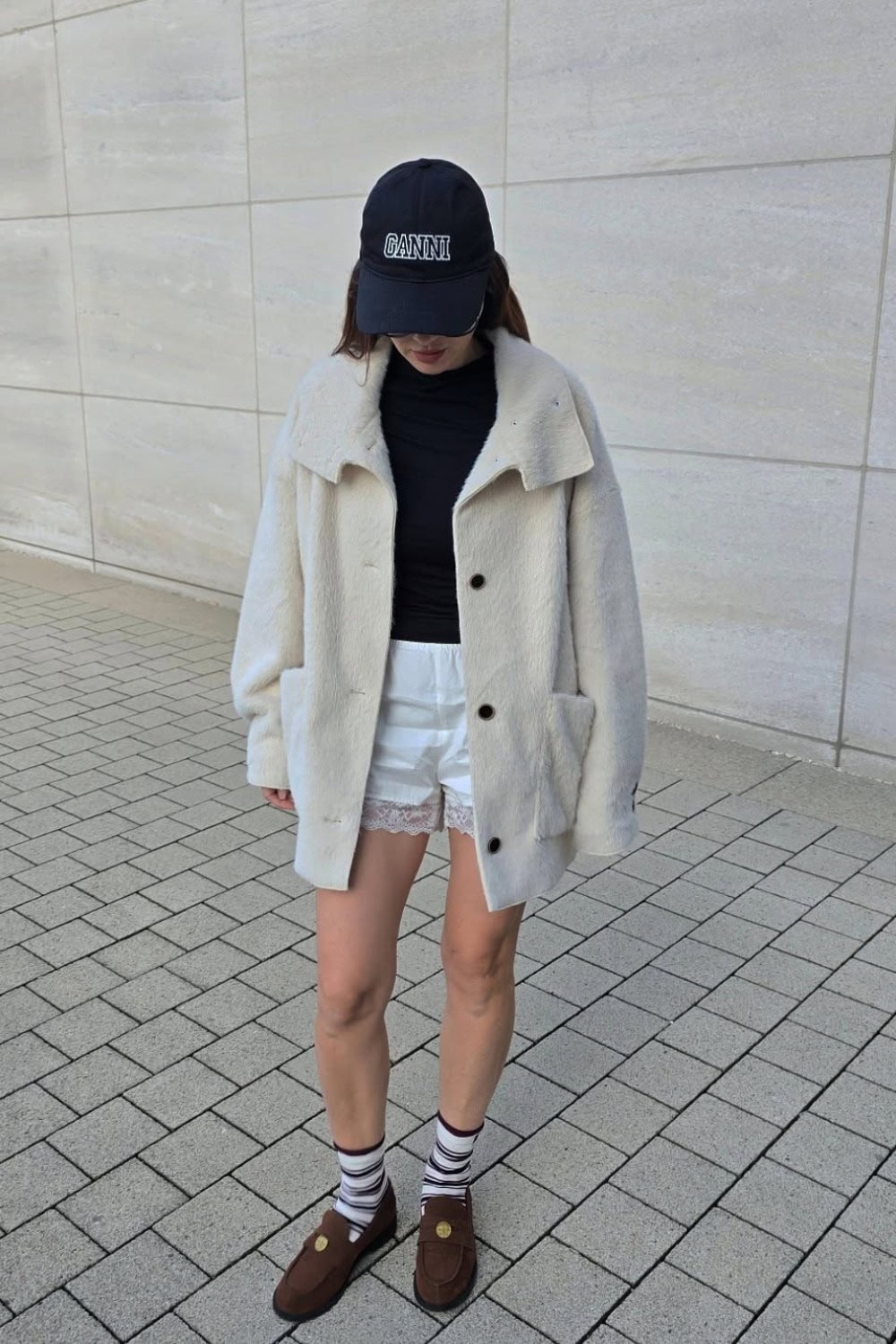 Cream Oversized Wool Coat and White Shorts