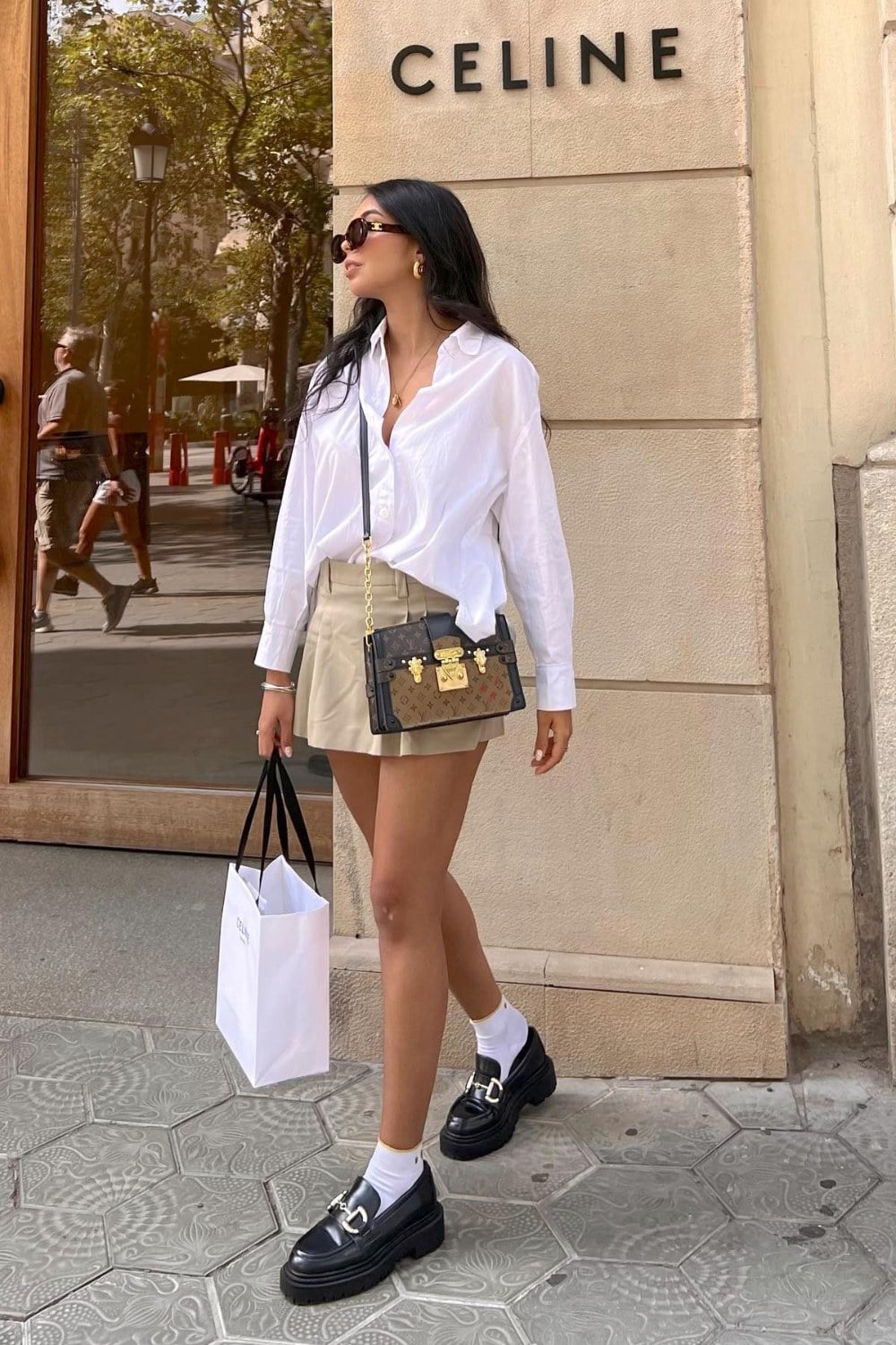 Oversized White Shirt and Beige Mini Skirt