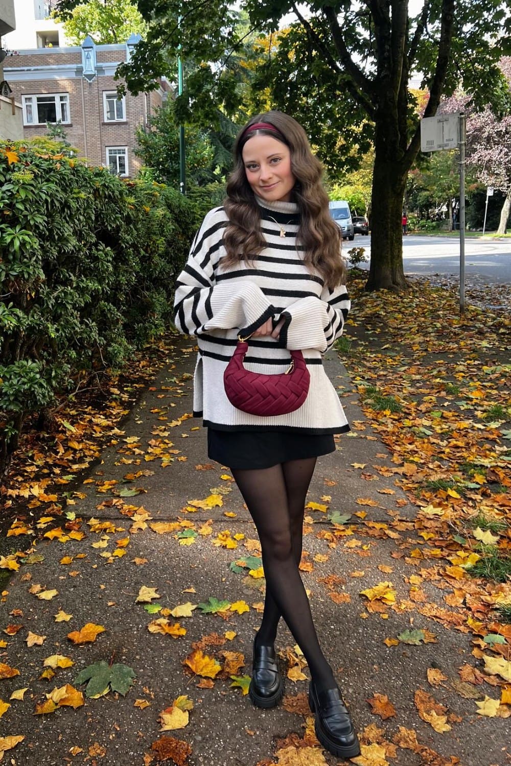 Striped Sweater and Black Mini Skirt