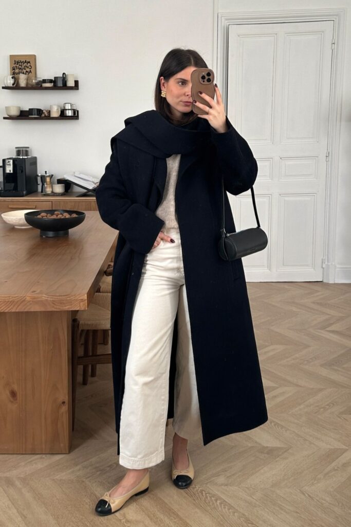 Navy Long Wool Coat and White Wide-Leg Pants