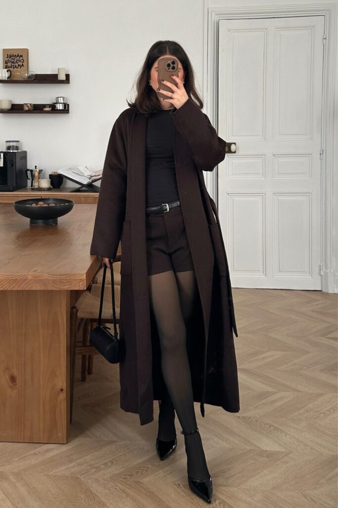Dark Brown Long Coat and Black Shorts