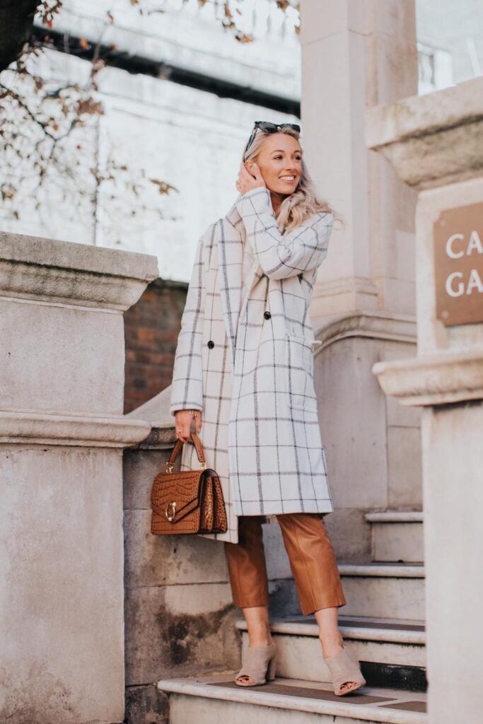 Windowpane Check Coat and Open-Toe Mules