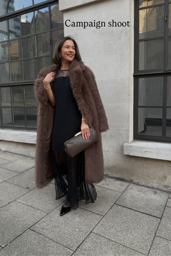 Brown Fur Long Coat and Black Dress