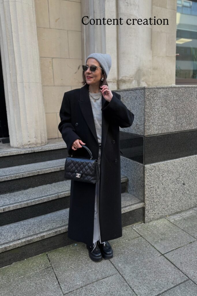 Black Oversized Wool Coat and White Wide-Leg Pants