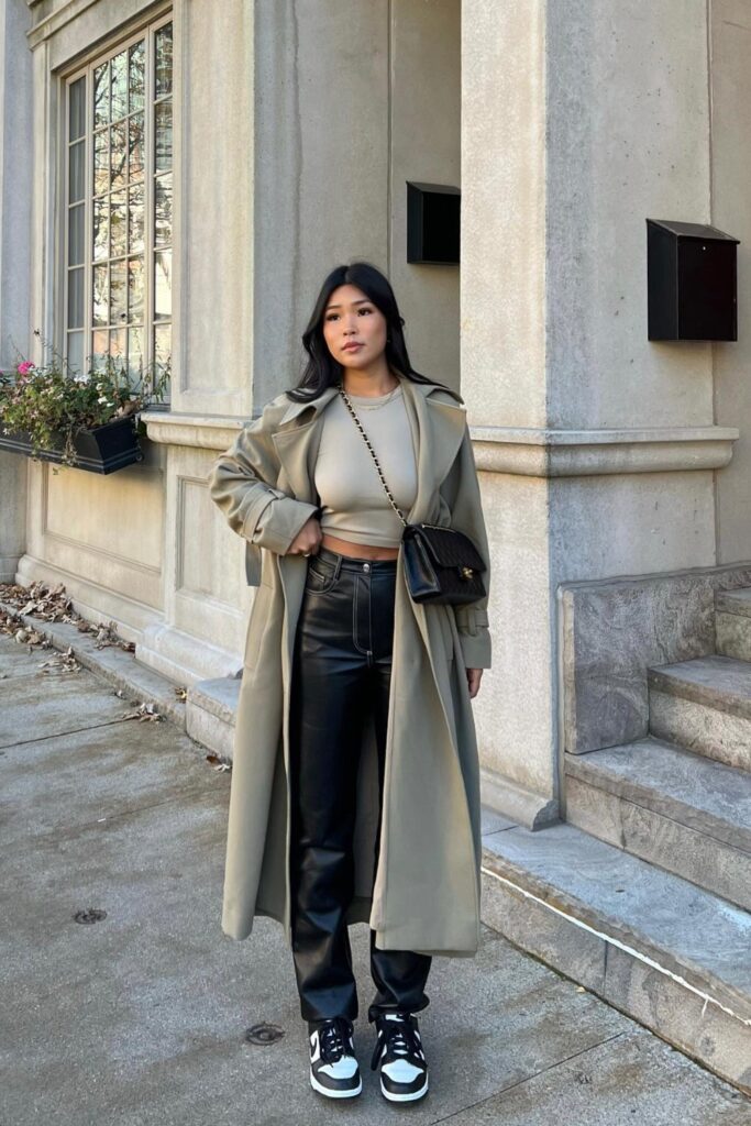 Sage Green Trench Coat and Leather Pants