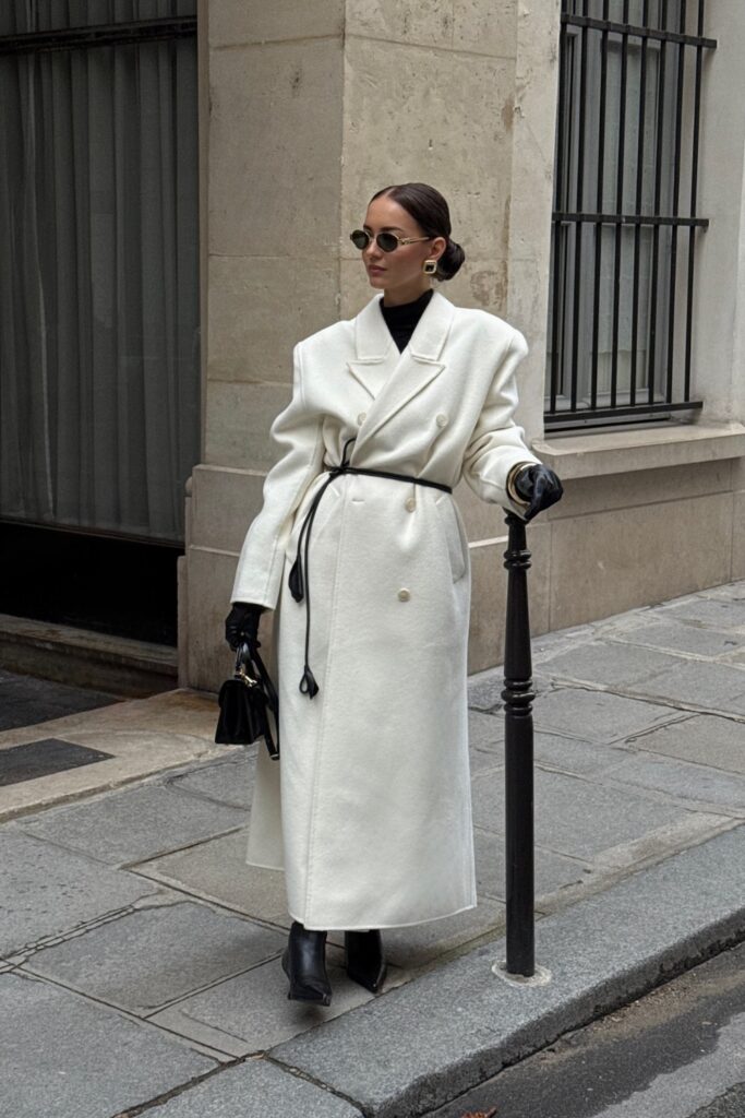 Oversized White Wool Coat and Black Turtleneck