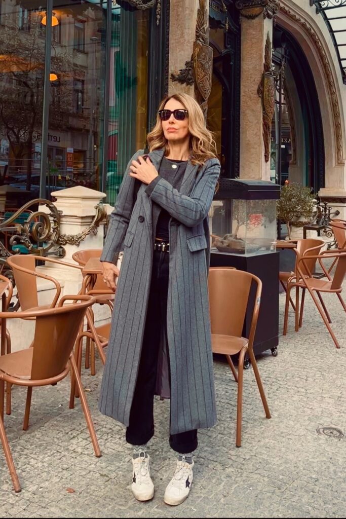Gray Pinstripe Longline Coat and Black Pants