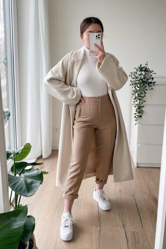 Cream Oversized Blazer Coat and White Sneakers