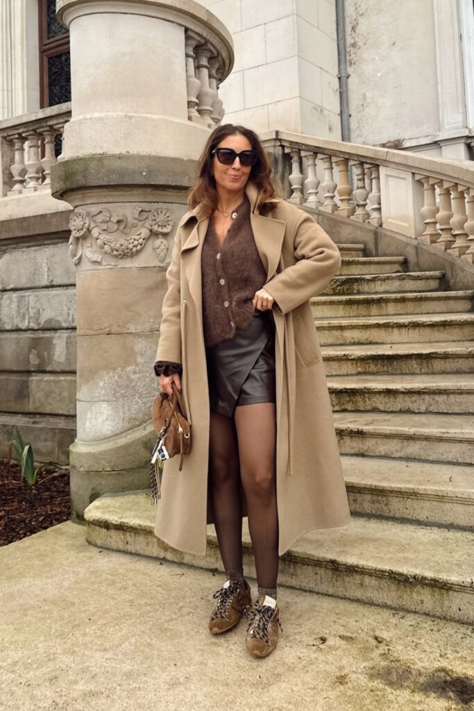 Longline Trench Coat and Leather Mini Skirt