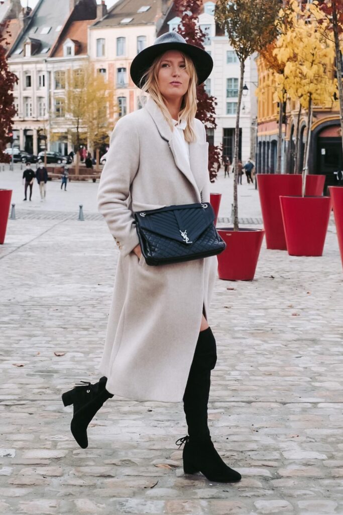 Cream Wool Coat and Black Fedora Hat