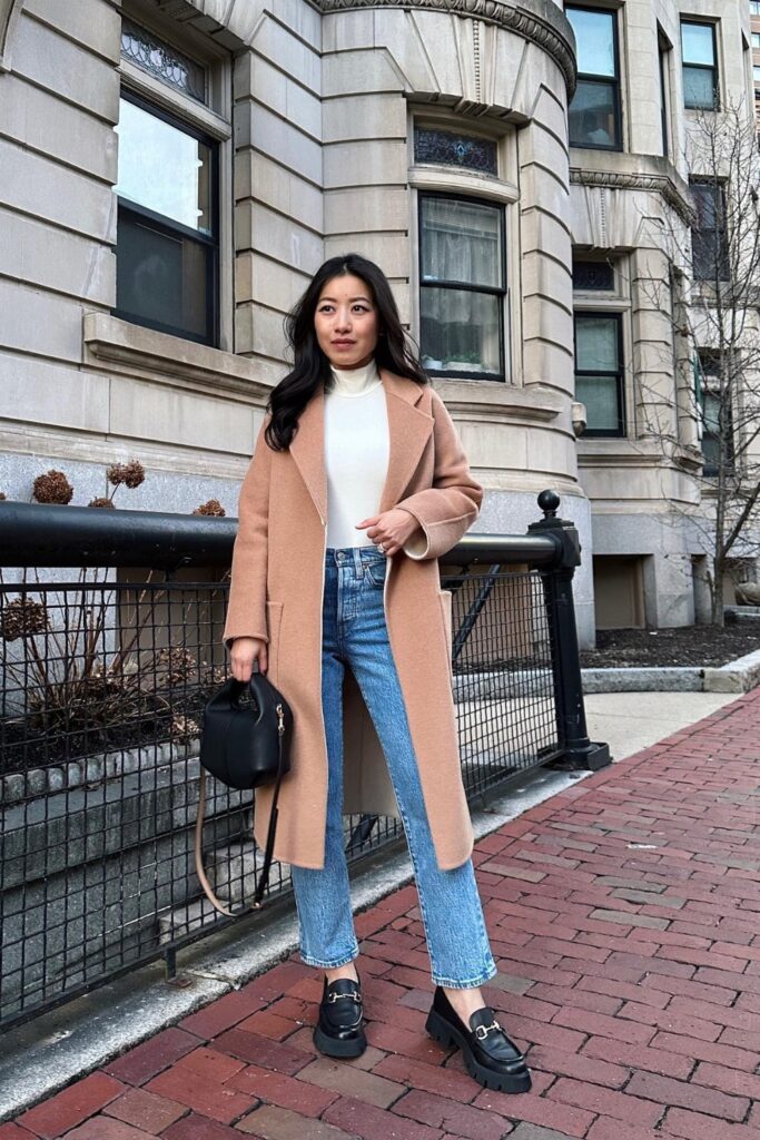 Camel Wool Coat and Light Blue Jeans
