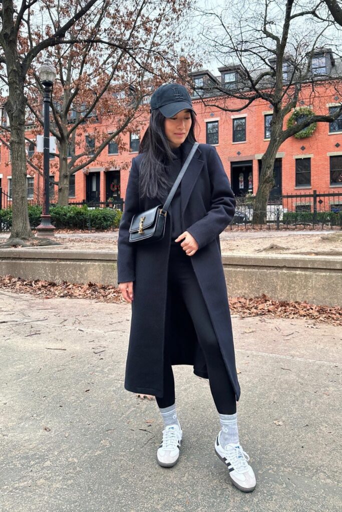 Navy Wool Coat and Black Leggings