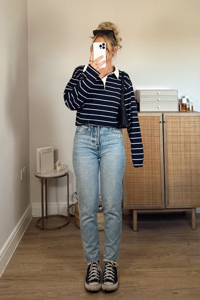 Striped Polo Sweater and Sneakers