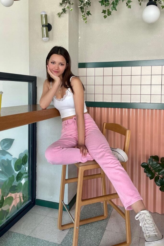 White Lace-Trim Cami and Pink Mom Jeans