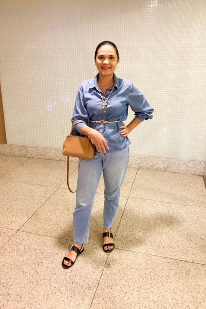 Light Blue Button-Up Shirt and Flat Sandals