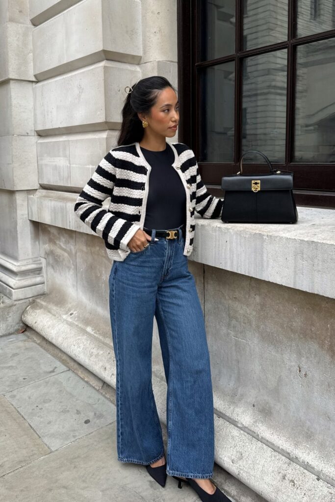 Black Top and Striped Cardigan