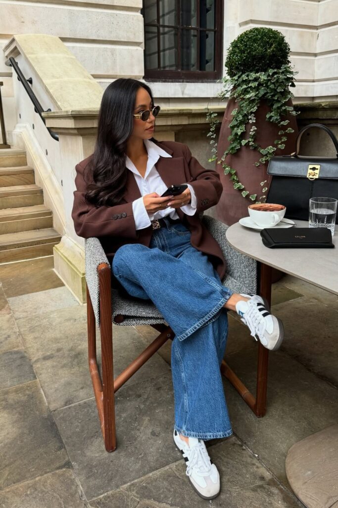 Brown Blazer and White Sneakers