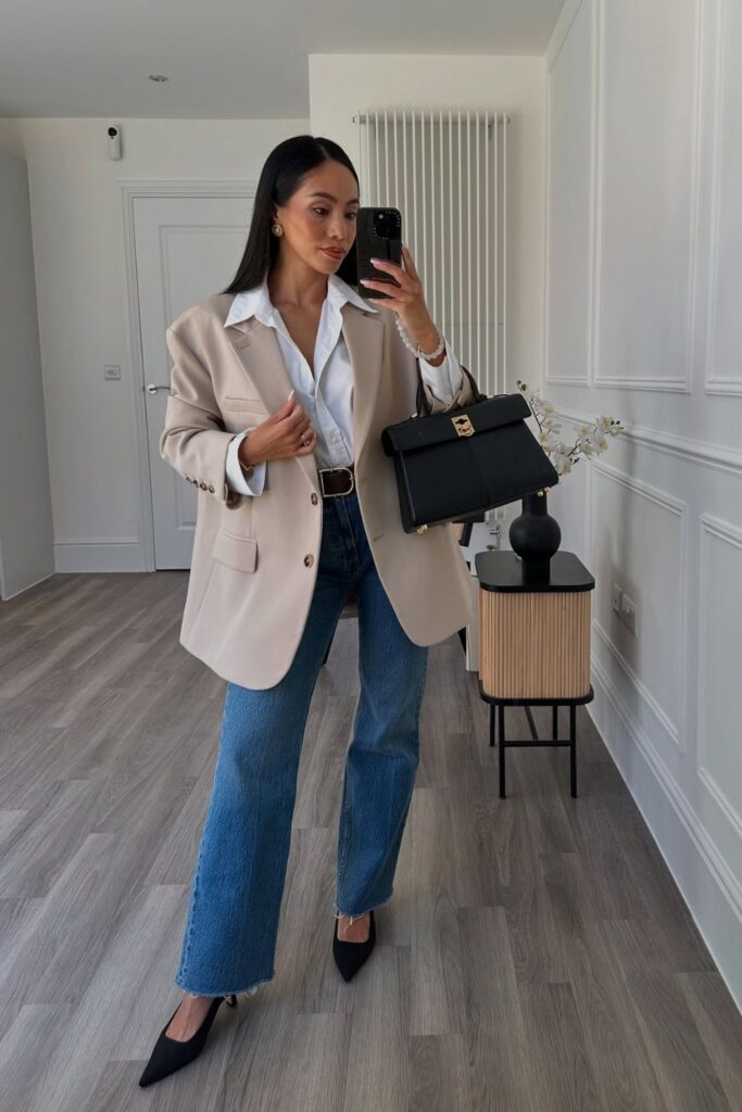 Beige Blazer and Black Heels