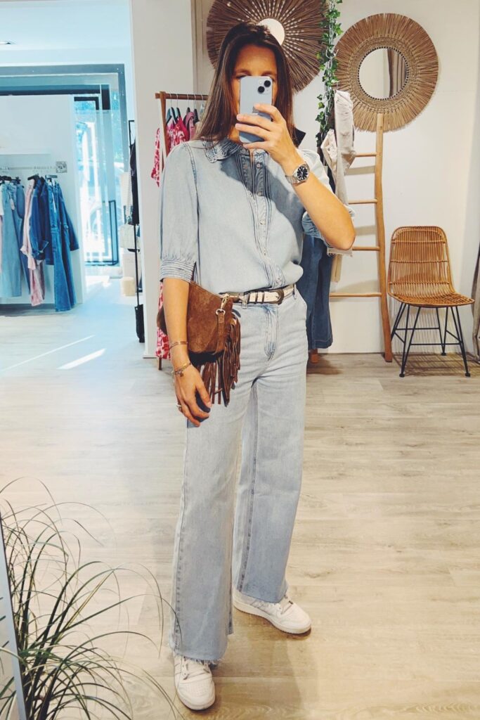 Denim Button-Up and White Sneakers