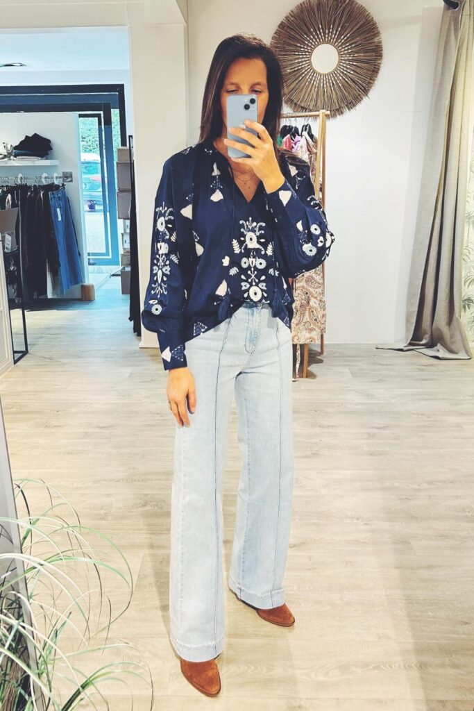 Navy Floral Blouse and Brown Boots