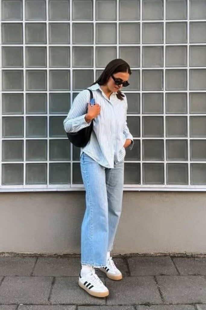 Blue Striped Button-Up and Adidas Sneakers