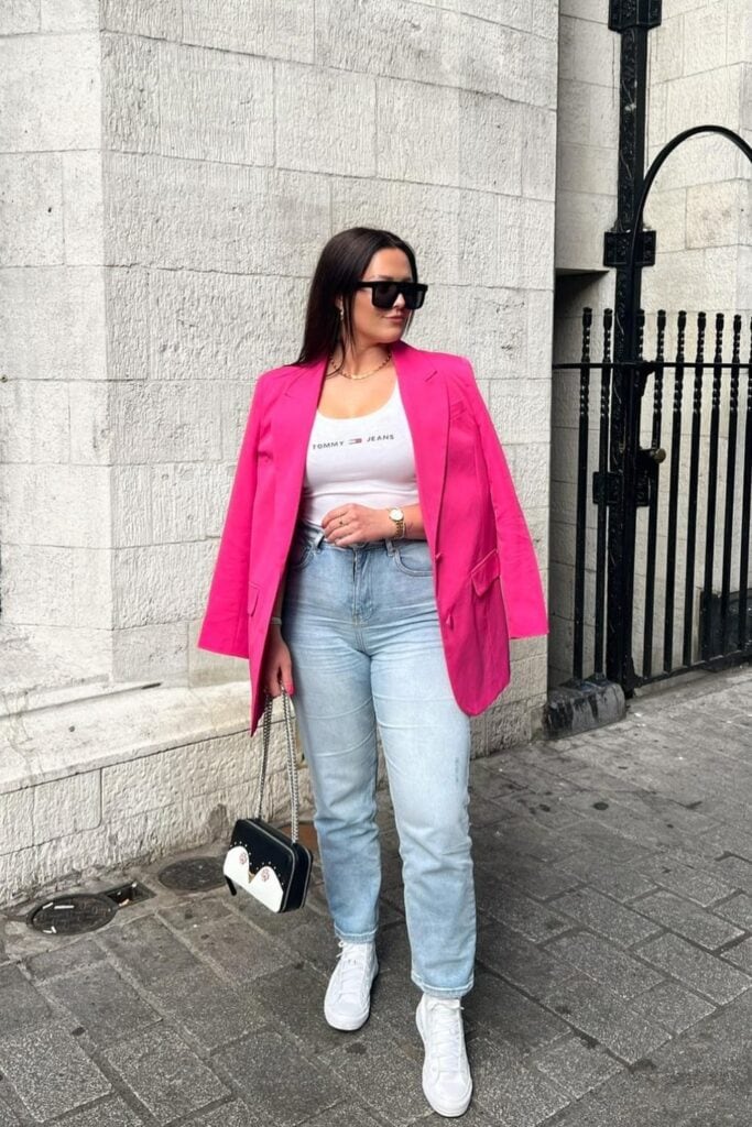 Hot Pink Blazer and Light Wash Denim