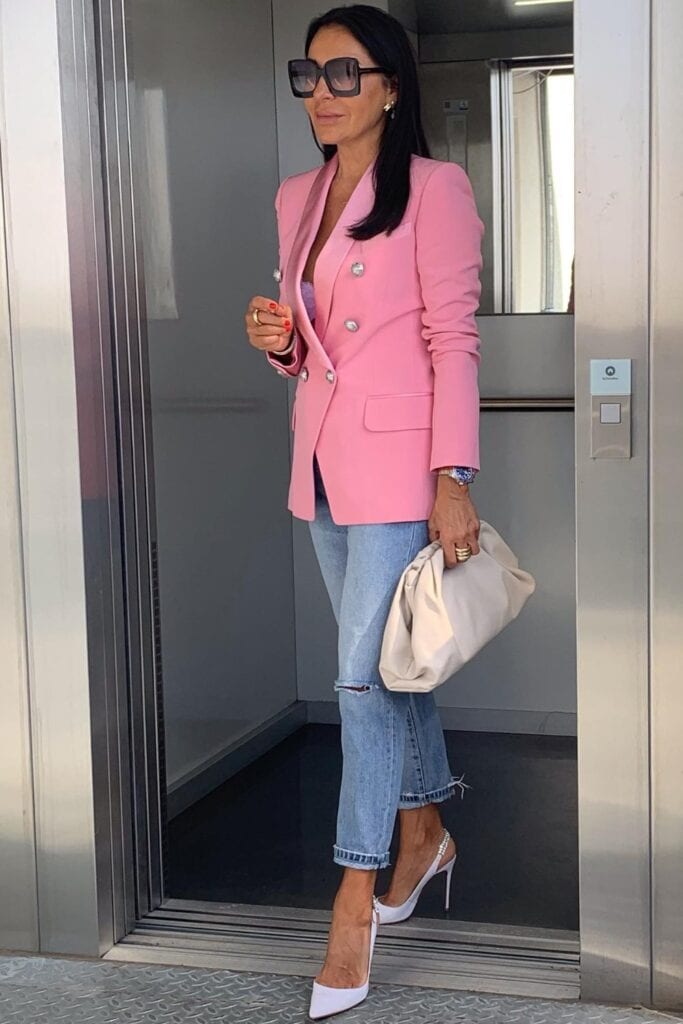 Pink Blazer and Distressed Jeans