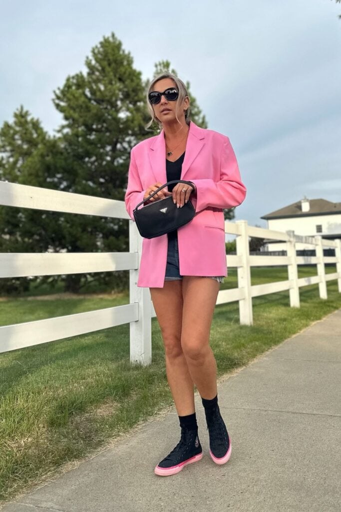 Pink Blazer and Denim Shorts