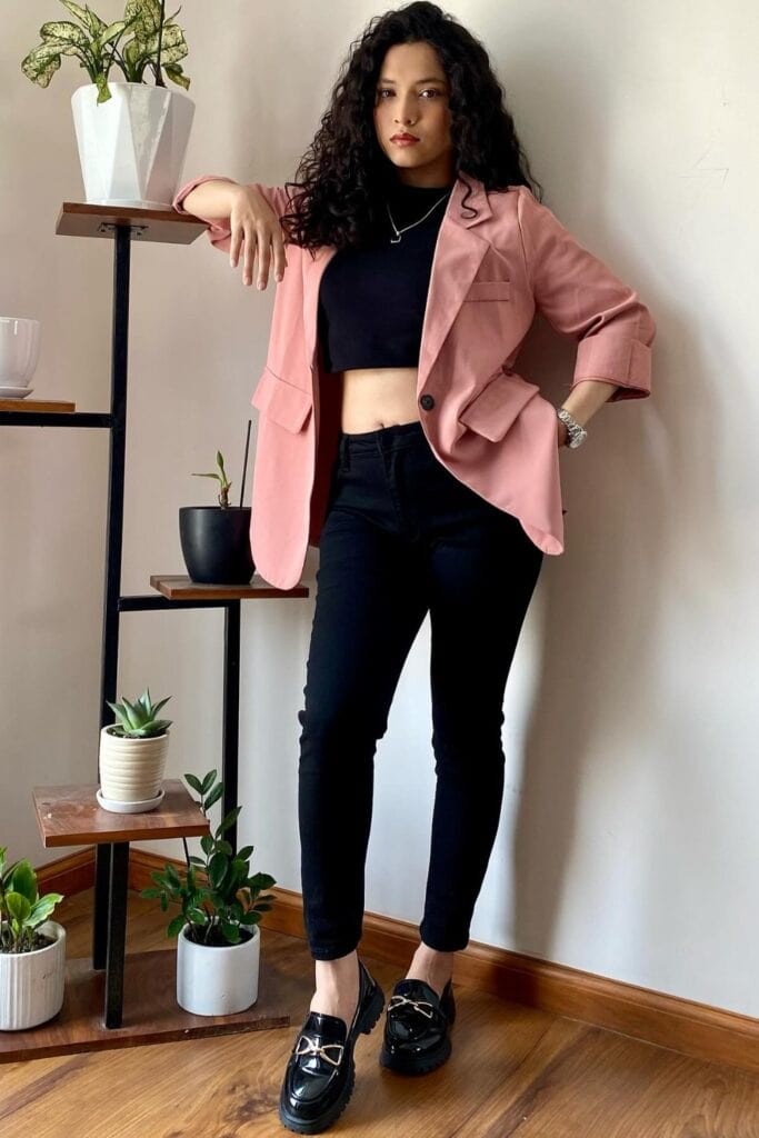 Soft Pink Blazer and Black Jeans