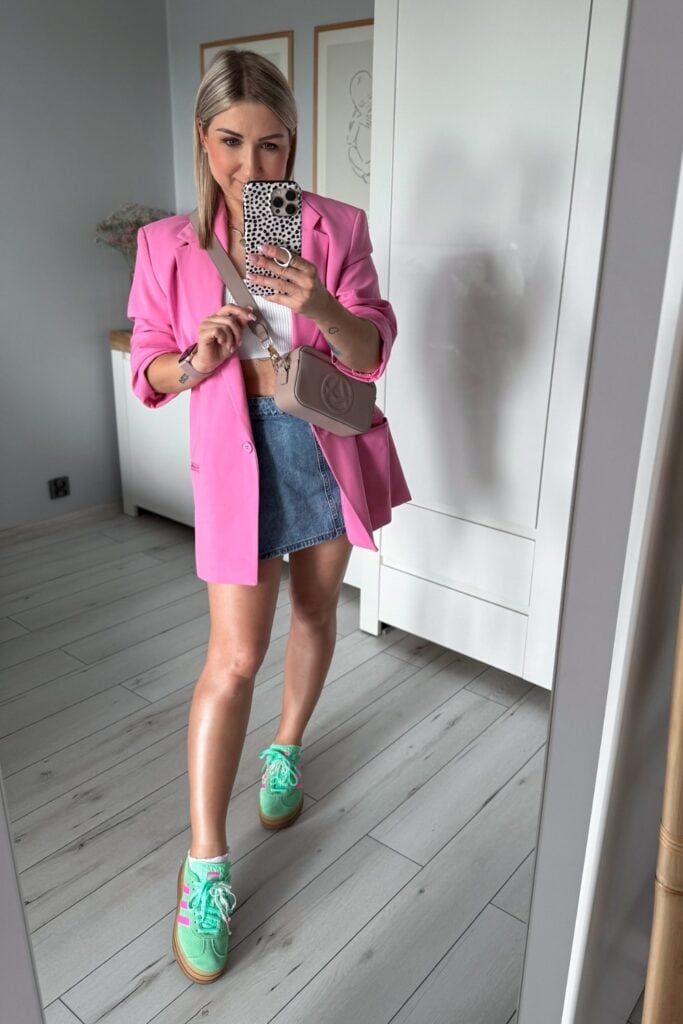 Pink Blazer and Denim Skirt