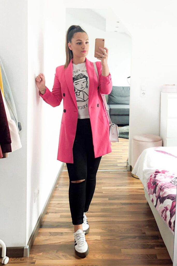 Hot Pink Blazer and Ripped Jeans