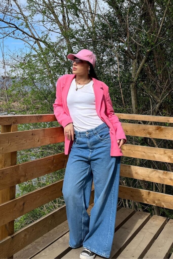 Hot Pink Blazer and Wide-Leg Jeans