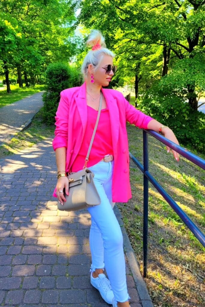 Hot Pink Blazer and White Jeans