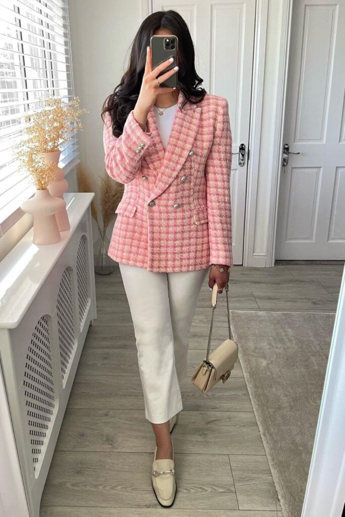 Pink Checkered Blazer and Cream Pants