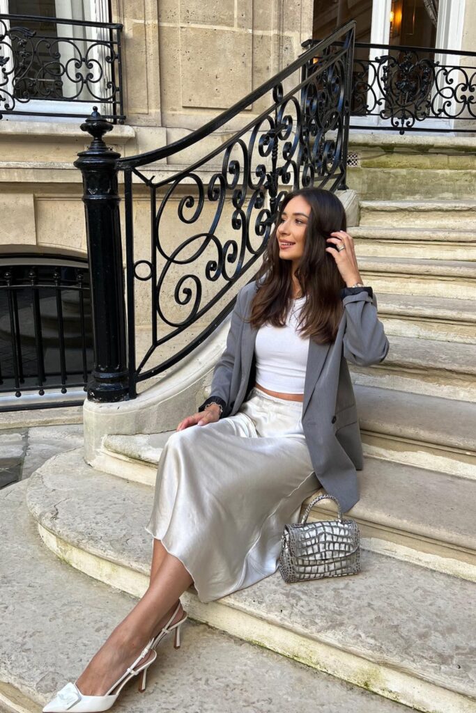 White Crop Top and Cream Skirt with Blazer