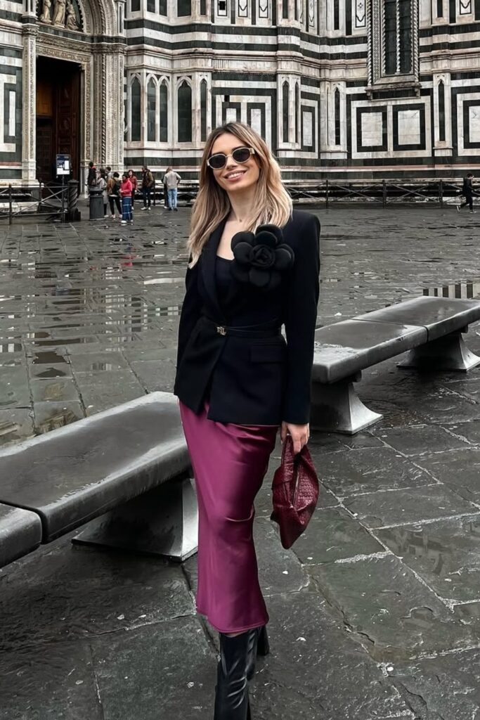 Black Blazer and Magenta Skirt