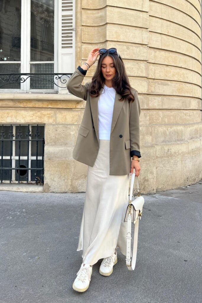 White Tee and Olive Blazer with Cream Skirt