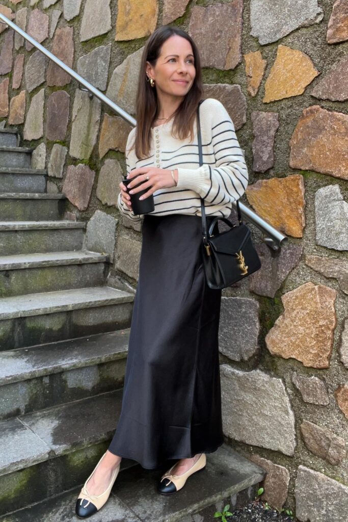 Striped Sweater and Black Midi Skirt