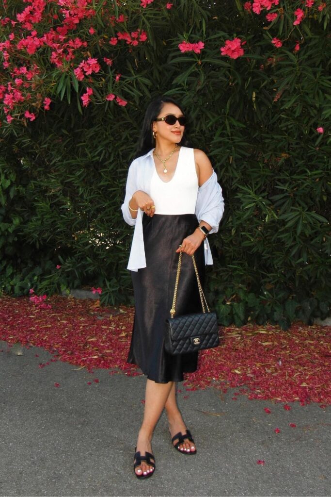 White Shirt and Black Slip Skirt