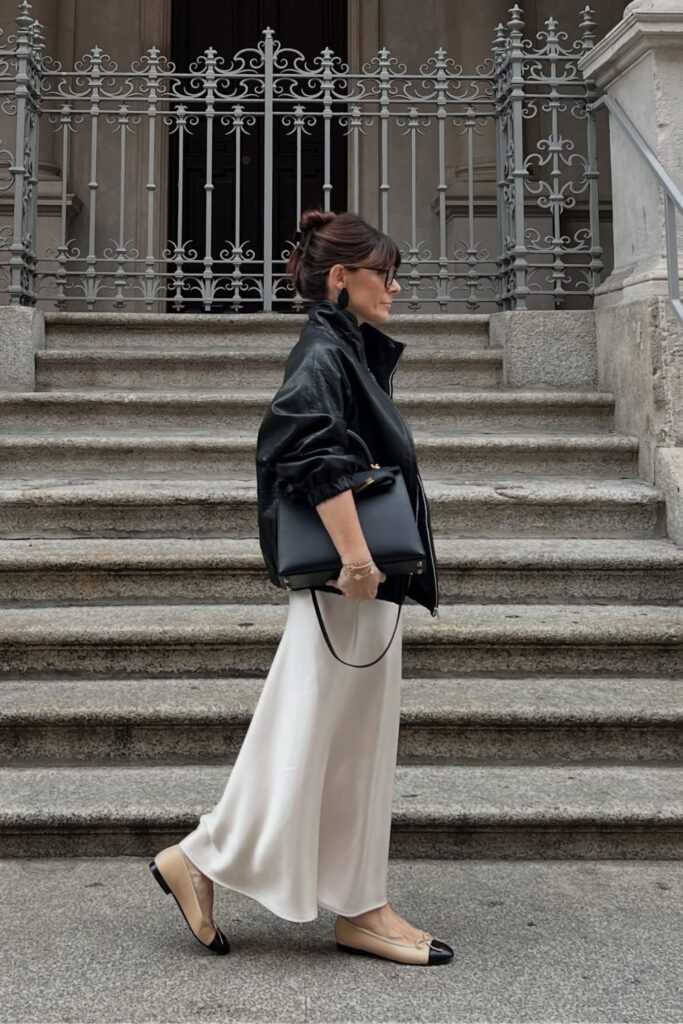 Leather Bomber and Ivory Skirt