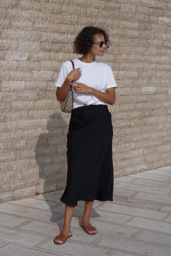 White T-Shirt and Black Midi Skirt