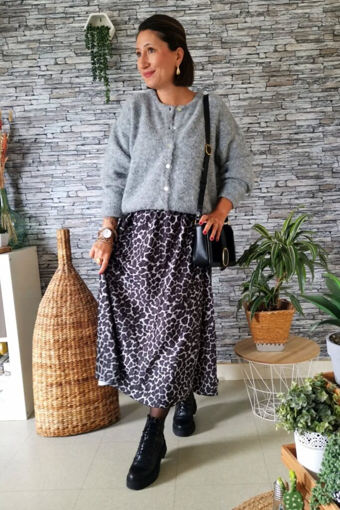 Gray Cardigan and Leopard Print Skirt