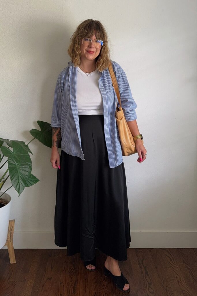 Striped Shirt and Black Maxi Skirt