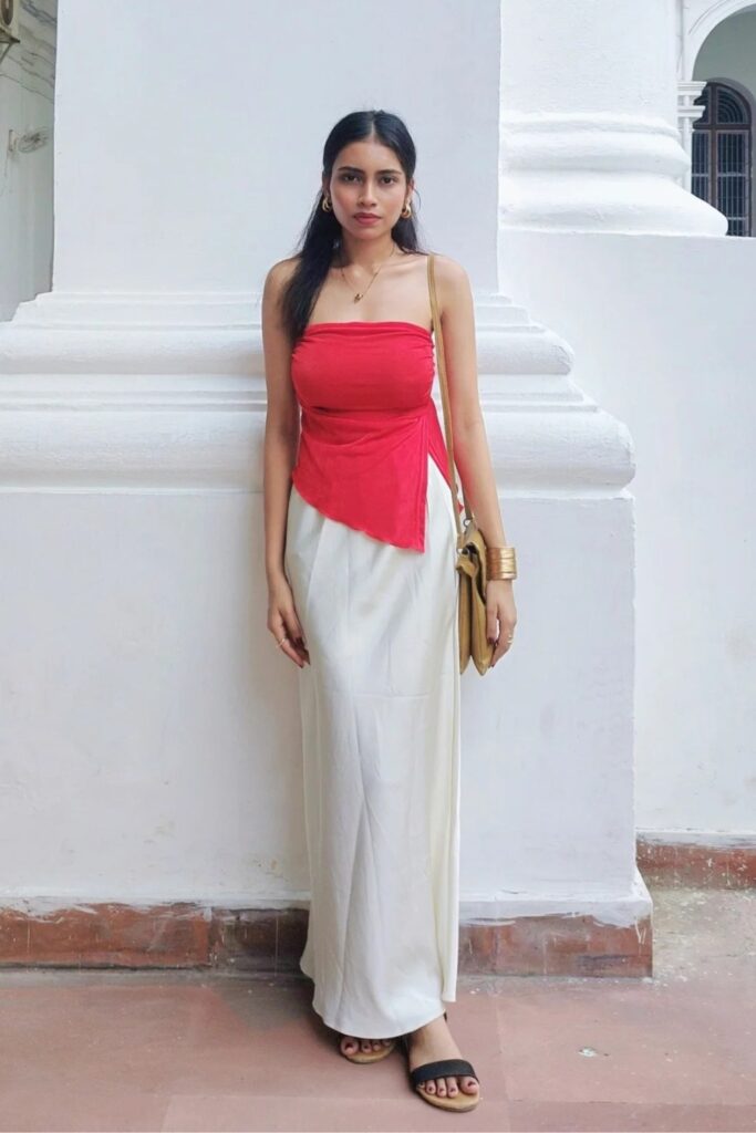 Red Strapless Top and White Skirt