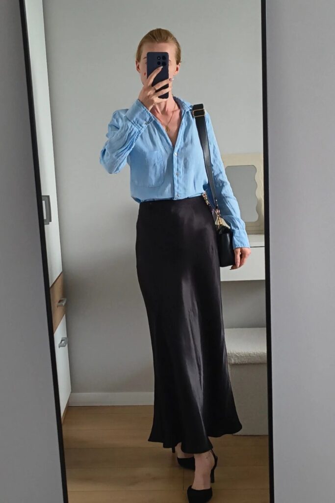 Light Blue Shirt and Black Maxi Skirt