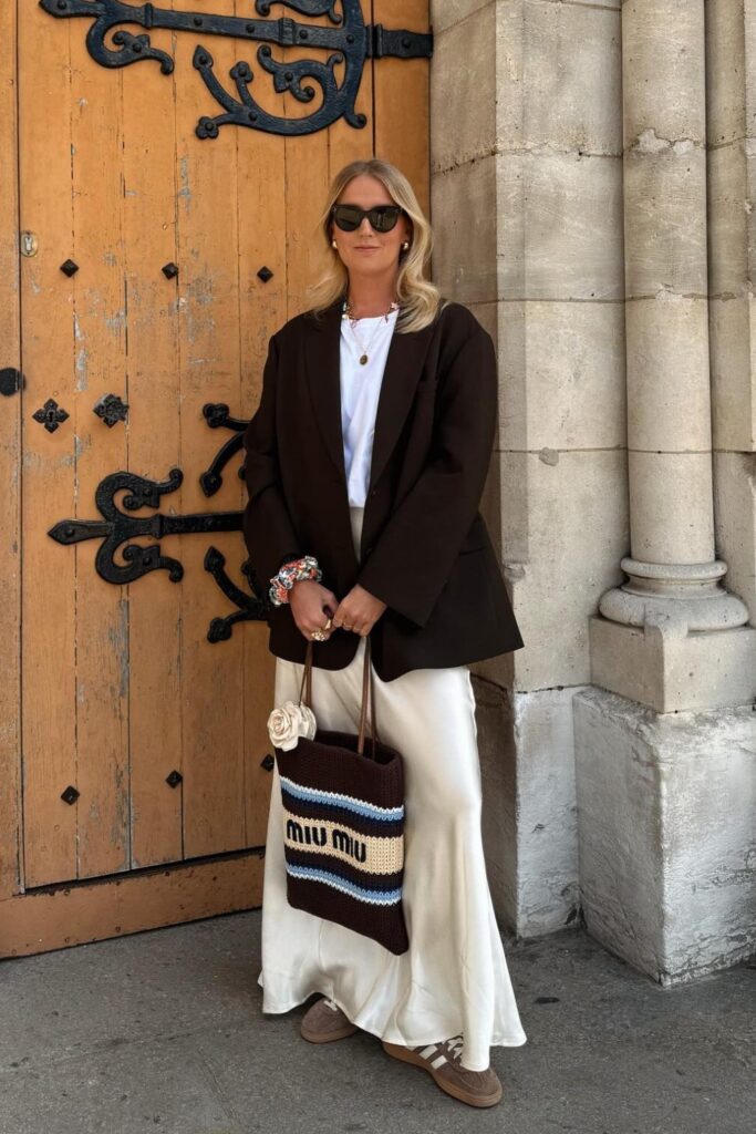 Brown Blazer and Cream Maxi Skirt