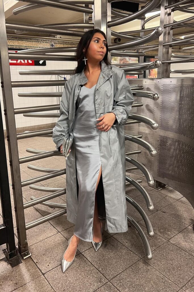 Silver Trench Coat and Slip Dress