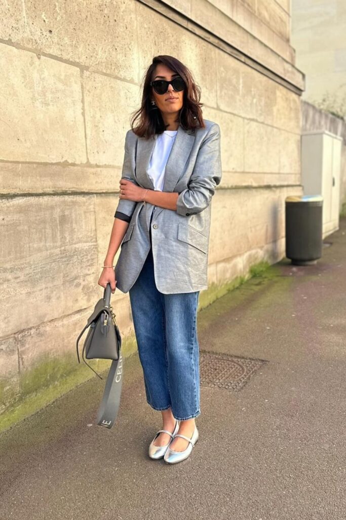 Silver Oversized Blazer and Jeans