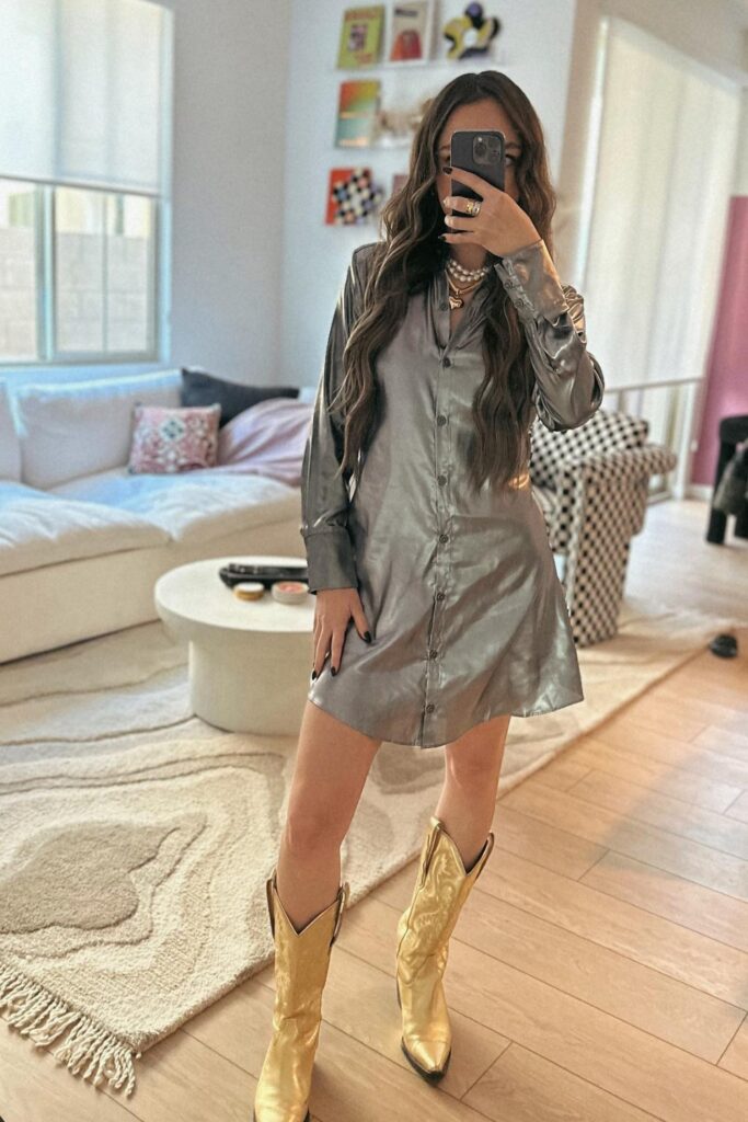 Shirt Dress and Gold Boots